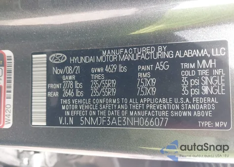 2022 Hyundai Tucson Sel z USA, uszkodzony, nr VIN 5NMJF3AE3NH066077